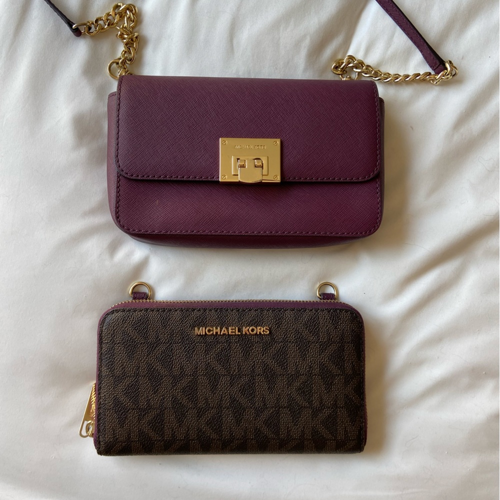 Michael Kors plum & MK signature print crossbody bad with built in wallet